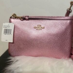 COACH Women’s Small Leather Pink Metallic Wristlet Wallet w Gold Hardware C7215